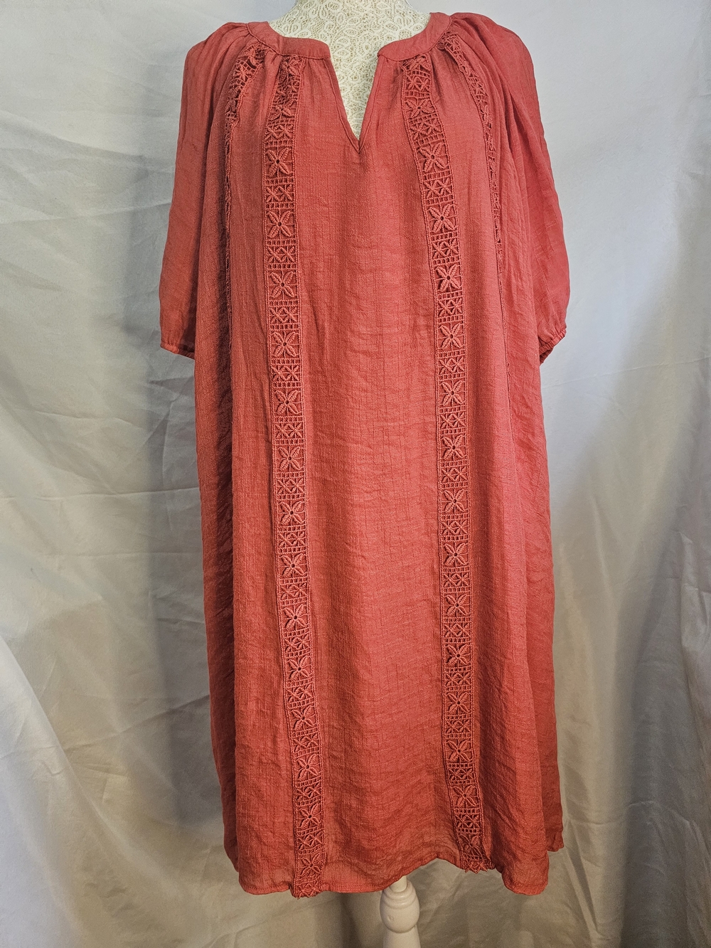 Boho Coral Midi Dress with Lace Trim